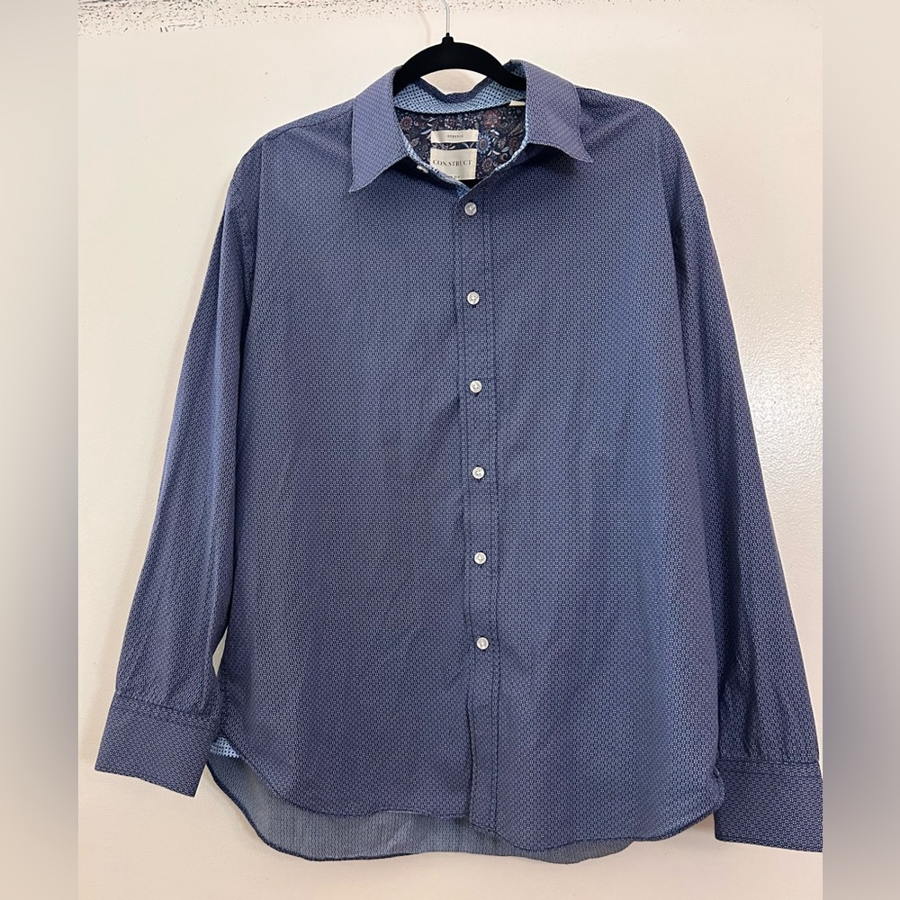CON.STRUCT Men’s Slim Fit Stretch Button-Up Shirt Blue Geo Print Cotton Blend L